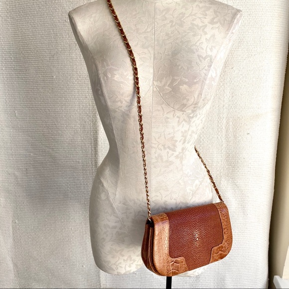 Dannijo Stingray & Alligator Leather Crossbody Box Bag Tan Purse - Picture 2 of 8